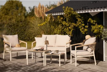 Abela lounge lauko baldų komplektas su sofa, foteliais ir staliuku sand natural spalvų